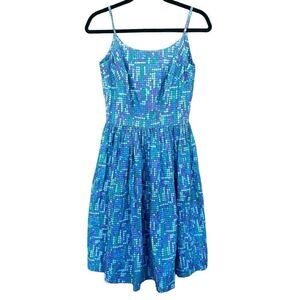 Vintage Handmade 1950s Dress Cotton Blue Geometric Fit Small XS